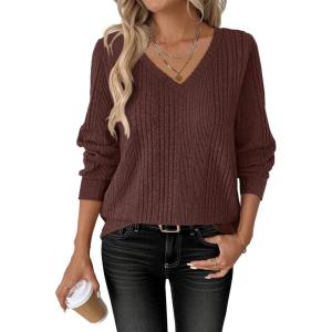 image:imageANRABESS Womens V Neck Sweaters 2025 Fall Long Sleeve Shirts Lightweight Ribbed Knit Basic Casual Office Work Tunic TopsDeep Brown