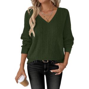 image:imageANRABESS Womens V Neck Sweaters 2025 Fall Long Sleeve Shirts Lightweight Ribbed Knit Basic Casual Office Work Tunic TopsGreen