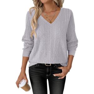 image:imageANRABESS Womens V Neck Sweaters 2025 Fall Long Sleeve Shirts Lightweight Ribbed Knit Basic Casual Office Work Tunic TopsGrey