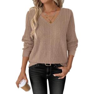 image:imageANRABESS Womens V Neck Sweaters 2025 Fall Long Sleeve Shirts Lightweight Ribbed Knit Basic Casual Office Work Tunic TopsKhaki