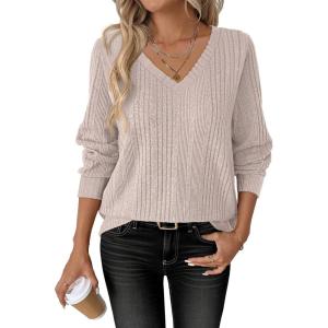 image:imageANRABESS Womens V Neck Sweaters 2025 Fall Long Sleeve Shirts Lightweight Ribbed Knit Basic Casual Office Work Tunic TopsLight Apricot