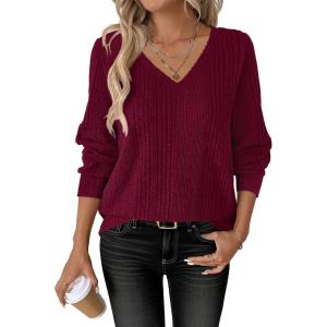 image:imageANRABESS Womens V Neck Sweaters 2025 Fall Long Sleeve Shirts Lightweight Ribbed Knit Basic Casual Office Work Tunic TopsRed