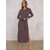 image:imageANRABESS Womens 2026 Spring Long Sleeve Maxi Dress Crewneck Tie Waist Slit Casual Long T Shirt Dresses Winter Trendy OutfitsCoffee