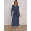 image:imageANRABESS Womens 2026 Spring Long Sleeve Maxi Dress Crewneck Tie Waist Slit Casual Long T Shirt Dresses Winter Trendy OutfitsDark Blue