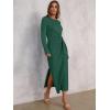 image:imageANRABESS Womens 2026 Spring Long Sleeve Maxi Dress Crewneck Tie Waist Slit Casual Long T Shirt Dresses Winter Trendy OutfitsDeep Green