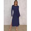 image:imageANRABESS Womens 2026 Spring Long Sleeve Maxi Dress Crewneck Tie Waist Slit Casual Long T Shirt Dresses Winter Trendy OutfitsNavy Blue
