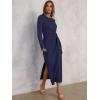 image:imageANRABESS Womens 2026 Spring Long Sleeve Maxi Dress Crewneck Tie Waist Slit Casual Long T Shirt Dresses Winter Trendy OutfitsNavy Blue