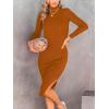 image:imageANRABESS Womens Long Sleeve Mock Neck Slim Fit Ribbed Bodycon Knit Slit Cocktail Sweater Midi Dress 2025 Trendy Fall OutfitsRust