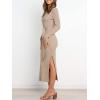 image:imageANRABESS Womens Long Sleeve Sweater Dress Crew Neck Slim Fit Slit Tie Waist 2025 Ribbed Knit Bodycon Midi Dress Fall OutfitsAlmond