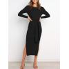 image:imageANRABESS Womens Long Sleeve Sweater Dress Crew Neck Slim Fit Slit Tie Waist 2025 Ribbed Knit Bodycon Midi Dress Fall OutfitsBlack