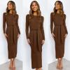 image:imageANRABESS Womens Long Sleeve Sweater Dress Crew Neck Slim Fit Slit Tie Waist 2025 Ribbed Knit Bodycon Midi Dress Fall OutfitsBrown