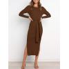 image:imageANRABESS Womens Long Sleeve Sweater Dress Crew Neck Slim Fit Slit Tie Waist 2025 Ribbed Knit Bodycon Midi Dress Fall OutfitsBrown