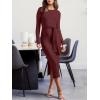 image:imageANRABESS Womens Long Sleeve Sweater Dress Crew Neck Slim Fit Slit Tie Waist 2025 Ribbed Knit Bodycon Midi Dress Fall OutfitsBurgundy