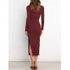 image:imageANRABESS Womens Long Sleeve Sweater Dress Crew Neck Slim Fit Slit Tie Waist 2025 Ribbed Knit Bodycon Midi Dress Fall OutfitsBurgundy