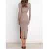 image:imageANRABESS Womens Long Sleeve Sweater Dress Crew Neck Slim Fit Slit Tie Waist 2025 Ribbed Knit Bodycon Midi Dress Fall OutfitsCamel