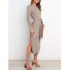 image:imageANRABESS Womens Long Sleeve Sweater Dress Crew Neck Slim Fit Slit Tie Waist 2025 Ribbed Knit Bodycon Midi Dress Fall OutfitsCamel