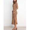 image:imageANRABESS Womens Long Sleeve Sweater Dress Crew Neck Slim Fit Slit Tie Waist 2025 Ribbed Knit Bodycon Midi Dress Fall OutfitsKhaki