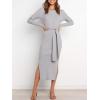 image:imageANRABESS Womens Long Sleeve Sweater Dress Crew Neck Slim Fit Slit Tie Waist 2025 Ribbed Knit Bodycon Midi Dress Fall OutfitsLight Grey