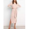 image:imageANRABESS Womens Long Sleeve Sweater Dress Crew Neck Slim Fit Slit Tie Waist 2025 Ribbed Knit Bodycon Midi Dress Fall OutfitsPink