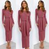 image:imageANRABESS Womens Long Sleeve Sweater Dress Crew Neck Slim Fit Slit Tie Waist 2025 Ribbed Knit Bodycon Midi Dress Fall OutfitsWatermelon Red