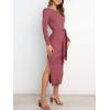 image:imageANRABESS Womens Long Sleeve Sweater Dress Crew Neck Slim Fit Slit Tie Waist 2025 Ribbed Knit Bodycon Midi Dress Fall OutfitsWatermelon Red
