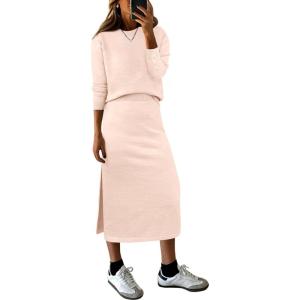 image:imageANRABESS 2 Piece Skirts Sets For Women Fall Fashion 2025 Striped Sweater Midi Dress Knit Lounge Travel Outfits Winter ClothesBeige