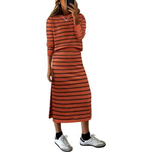 image:imageANRABESS 2 Piece Skirts Sets For Women Fall Fashion 2025 Striped Sweater Midi Dress Knit Lounge Travel Outfits Winter ClothesRust Red Black