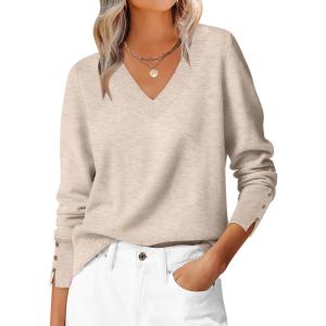 image:imageANRABESS Lightweight Sweaters for Women Long Sleeve V Neck Shirts Business Casual Work Blouses 2025 Fall Knit Pullover TopsAlmond