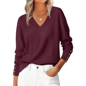 image:imageANRABESS Lightweight Sweaters for Women Long Sleeve V Neck Shirts Business Casual Work Blouses 2025 Fall Knit Pullover TopsBurgund