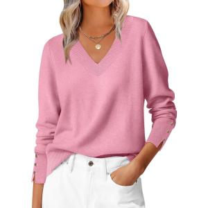 image:imageANRABESS Lightweight Sweaters for Women Long Sleeve V Neck Shirts Business Casual Work Blouses 2025 Fall Knit Pullover TopsCoral Pink