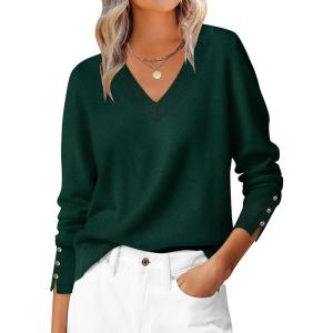 image:imageANRABESS Lightweight Sweaters for Women Long Sleeve V Neck Shirts Business Casual Work Blouses 2025 Fall Knit Pullover TopsDark Green