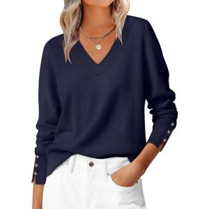 image:imageANRABESS Lightweight Sweaters for Women Long Sleeve V Neck Shirts Business Casual Work Blouses 2025 Fall Knit Pullover TopsNavy Blue