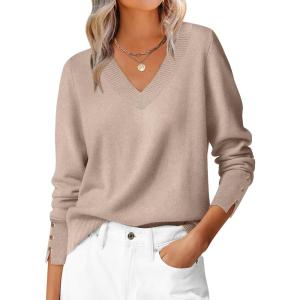 image:imageANRABESS Lightweight Sweaters for Women Long Sleeve V Neck Shirts Business Casual Work Blouses 2025 Fall Knit Pullover TopsTan
