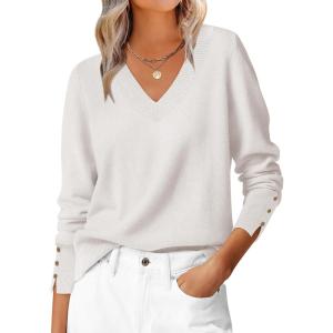 image:imageANRABESS Lightweight Sweaters for Women Long Sleeve V Neck Shirts Business Casual Work Blouses 2025 Fall Knit Pullover TopsWhite