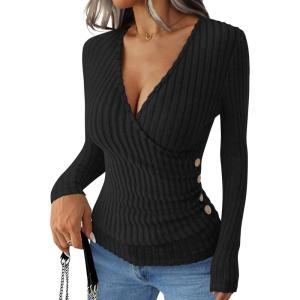 image:imageANRABESS Long Sleeve Shirts for Women Sexy Sweater V Neck Ribbed Knit Slim Fit Wrap Top 2025 Fall Casual Fashion ClothesBlack