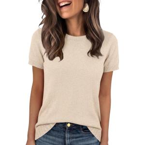 image:imageANRABESS Short Sleeve Sweater for Women Lightweight Crewneck Wool Blend Sweaters Tops Spring Summer Business Casual OutfitsBeige