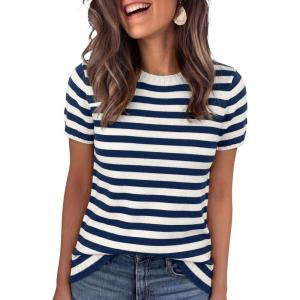 image:imageANRABESS Short Sleeve Sweater for Women Lightweight Crewneck Wool Blend Sweaters Tops Spring Summer Business Casual OutfitsBlue White Stripe