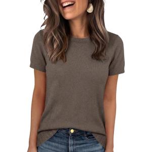 image:imageANRABESS Short Sleeve Sweater for Women Lightweight Crewneck Wool Blend Sweaters Tops Spring Summer Business Casual OutfitsCoffee