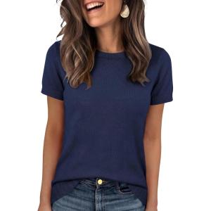 image:imageANRABESS Short Sleeve Sweater for Women Lightweight Crewneck Wool Blend Sweaters Tops Spring Summer Business Casual OutfitsNavy Blue