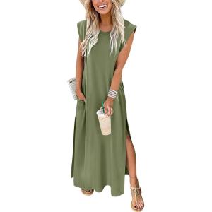 image:imageANRABESS Summer Dress for Women 2026 Maxi Sundresses Casual Cap Sleeve Crew Neck Loose Split Beach Travel Vacation OutfitsArmy Green