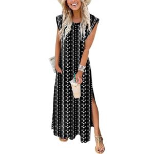image:imageANRABESS Summer Dress for Women 2026 Maxi Sundresses Casual Cap Sleeve Crew Neck Loose Split Beach Travel Vacation OutfitsBoho Black