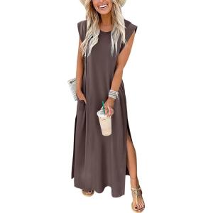 image:imageANRABESS Summer Dress for Women 2026 Maxi Sundresses Casual Cap Sleeve Crew Neck Loose Split Beach Travel Vacation OutfitsCoffee
