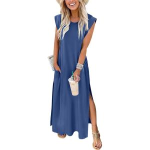 image:imageANRABESS Summer Dress for Women 2026 Maxi Sundresses Casual Cap Sleeve Crew Neck Loose Split Beach Travel Vacation OutfitsDark Blue