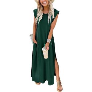 image:imageANRABESS Summer Dress for Women 2026 Maxi Sundresses Casual Cap Sleeve Crew Neck Loose Split Beach Travel Vacation OutfitsDeep Green