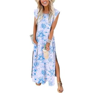 image:imageANRABESS Summer Dress for Women 2026 Maxi Sundresses Casual Cap Sleeve Crew Neck Loose Split Beach Travel Vacation OutfitsFloral Blue