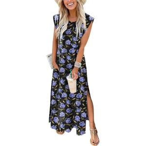 image:imageANRABESS Summer Dress for Women 2026 Maxi Sundresses Casual Cap Sleeve Crew Neck Loose Split Beach Travel Vacation OutfitsFloral Blue Roses