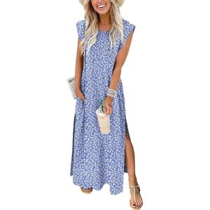 image:imageANRABESS Summer Dress for Women 2026 Maxi Sundresses Casual Cap Sleeve Crew Neck Loose Split Beach Travel Vacation OutfitsFloral Blue White
