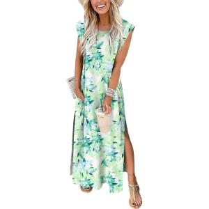 image:imageANRABESS Summer Dress for Women 2026 Maxi Sundresses Casual Cap Sleeve Crew Neck Loose Split Beach Travel Vacation OutfitsFloral Green