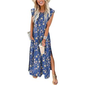 image:imageANRABESS Summer Dress for Women 2026 Maxi Sundresses Casual Cap Sleeve Crew Neck Loose Split Beach Travel Vacation OutfitsFloral Light Blue