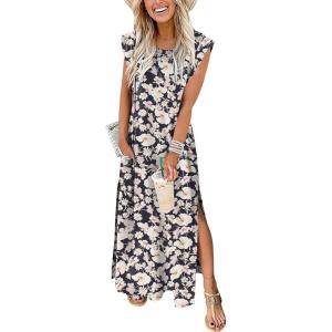 image:imageANRABESS Summer Dress for Women 2026 Maxi Sundresses Casual Cap Sleeve Crew Neck Loose Split Beach Travel Vacation OutfitsFloral Navy